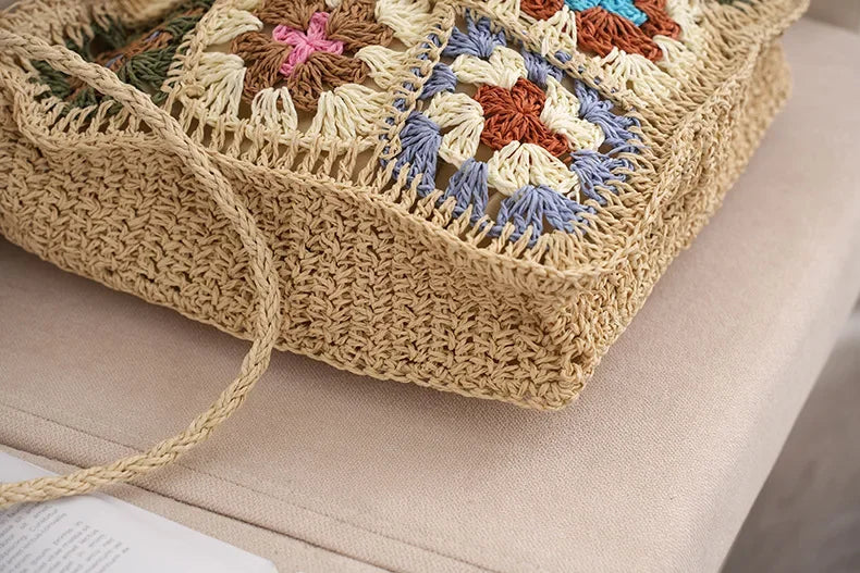 Handmade Patchwork Flower Straw Shoulder Bag