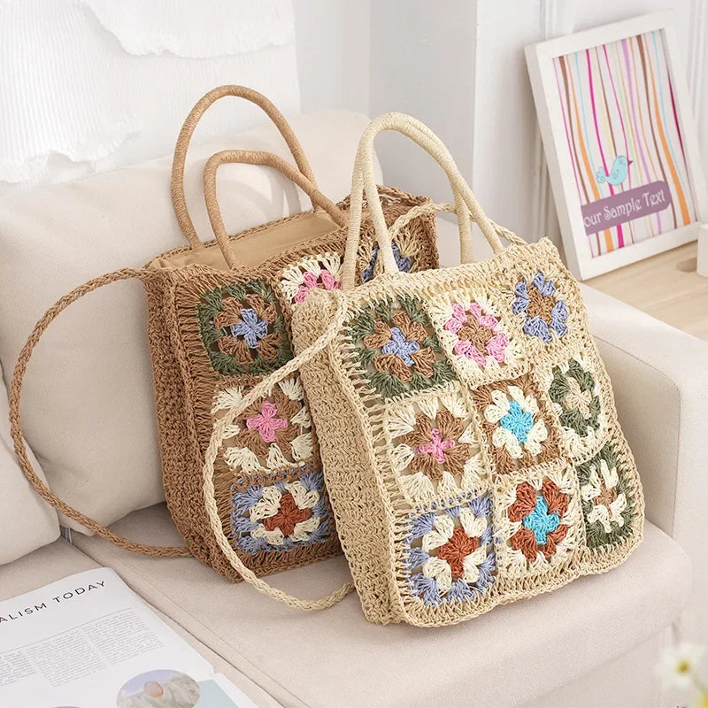 Handmade Patchwork Flower Straw Shoulder Bag