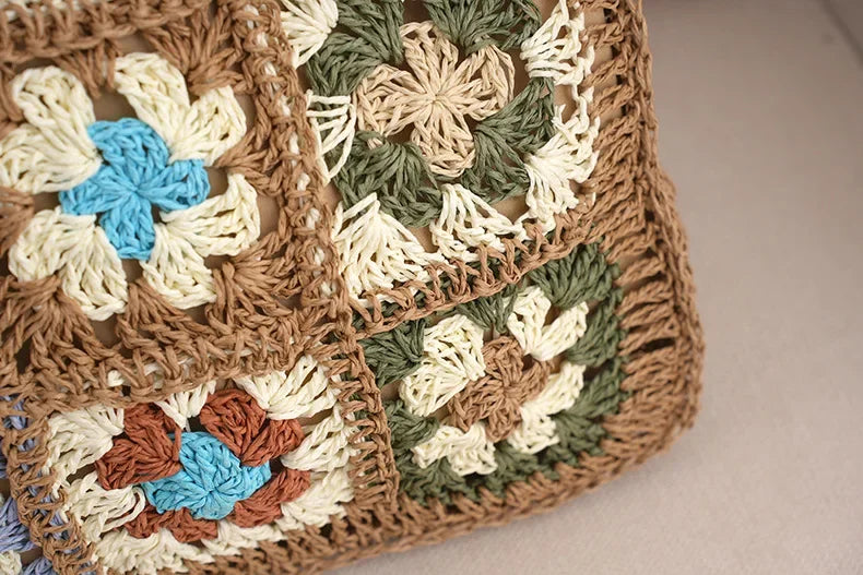 Handmade Patchwork Flower Straw Shoulder Bag