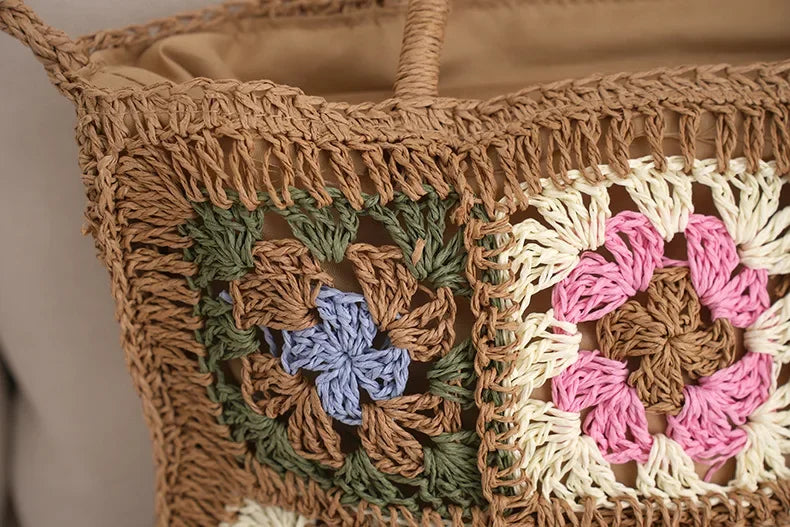 Handmade Patchwork Flower Straw Shoulder Bag