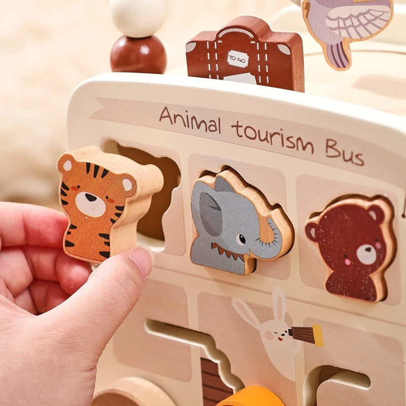 Montessori Baby Wooden Busy Bus - 5-in-1 Educational Car Toy