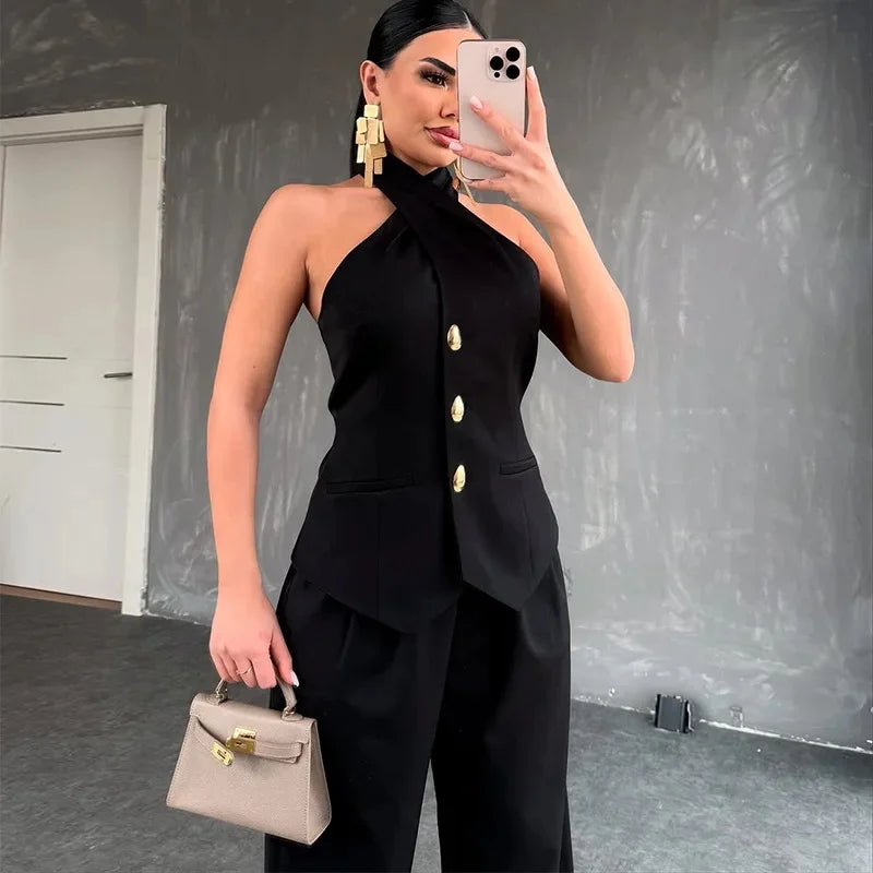 Women's Sleeveless Top & High-Waist Pants Set – Summer Chic