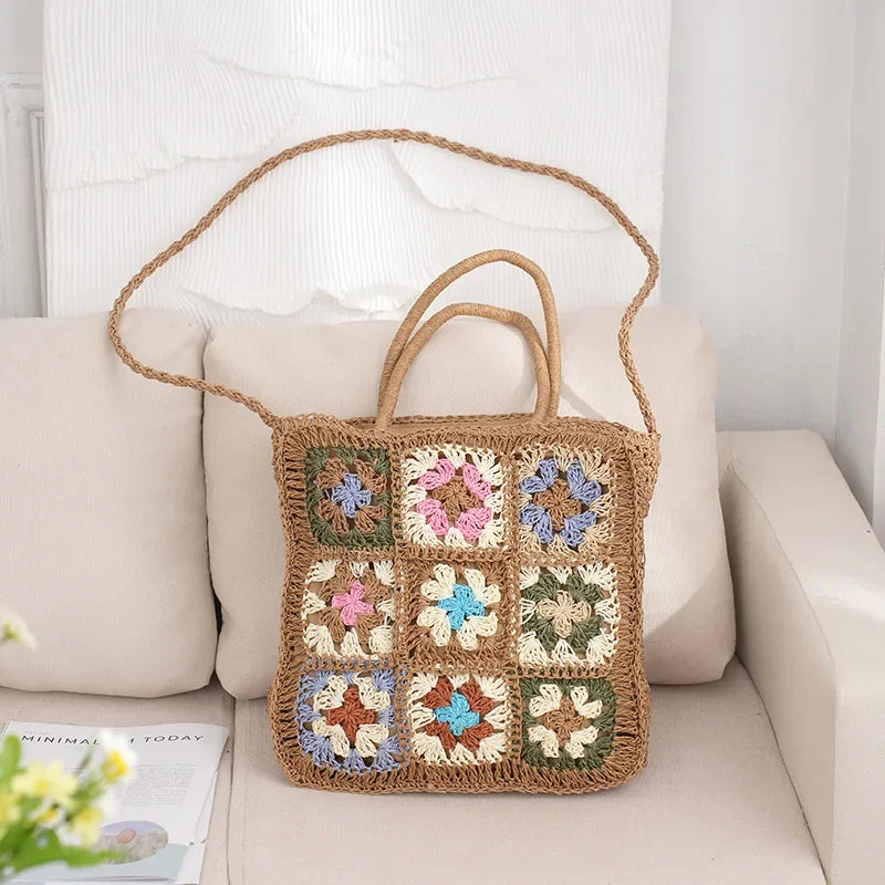Handmade Patchwork Flower Straw Shoulder Bag