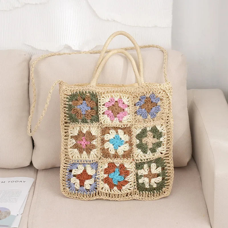Handmade Patchwork Flower Straw Shoulder Bag