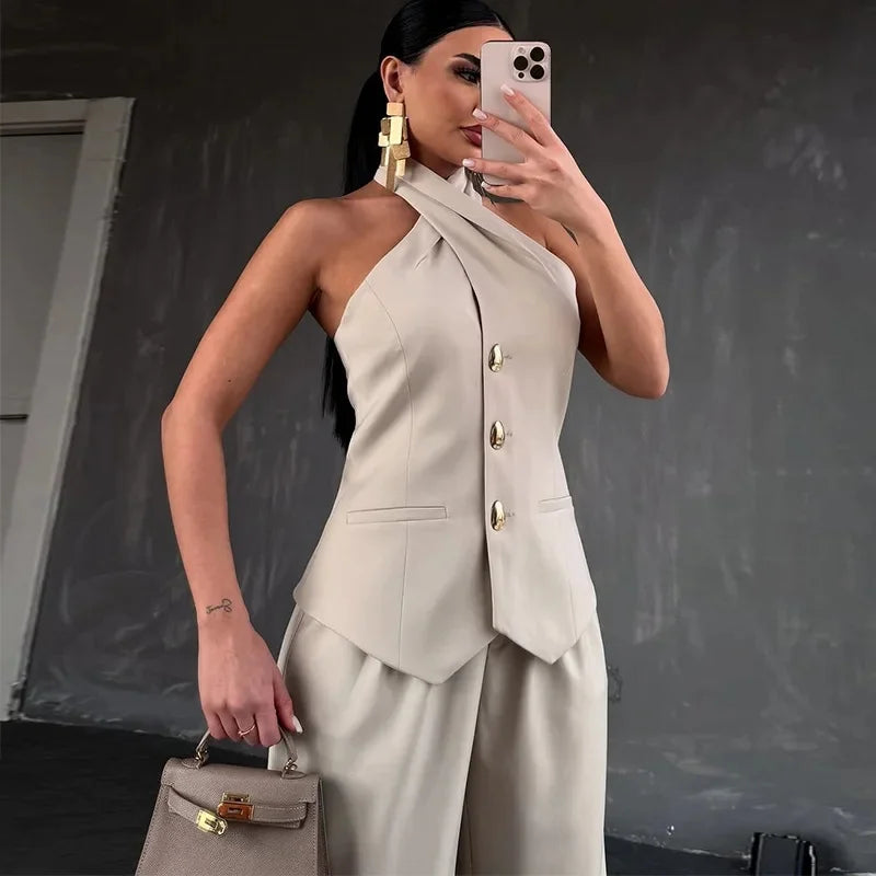 Women's Sleeveless Top & High-Waist Pants Set – Summer Chic