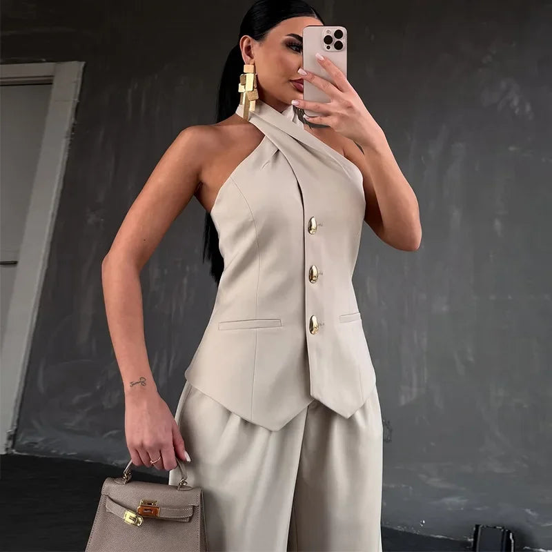 Women's Sleeveless Top & High-Waist Pants Set – Summer Chic